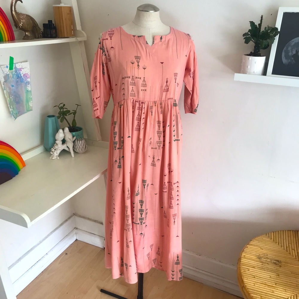 Pale Pink Cotton Sun Dress, Gerua, Ethnic, Maxi, Cut-out Shoulders, Size Large